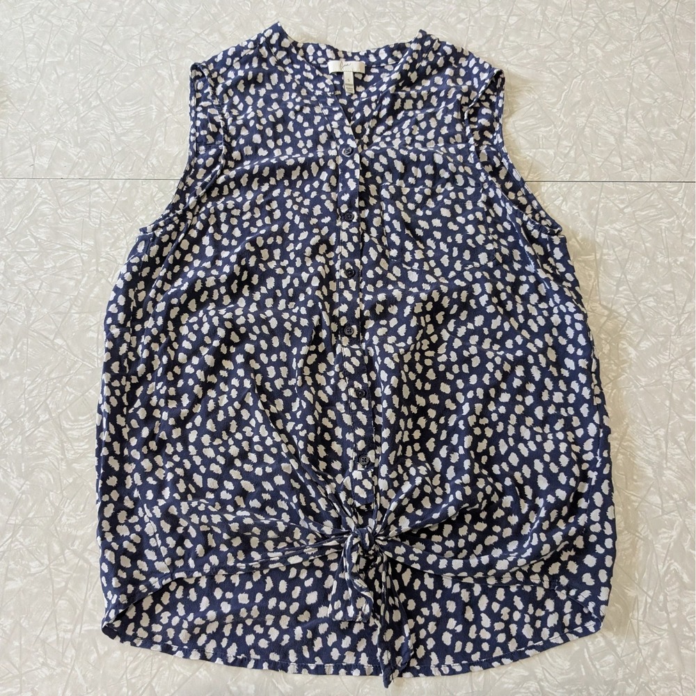 S Navy White 100% Silk Abstract Print Tie Front Button Sleeveless Blouse Luxury